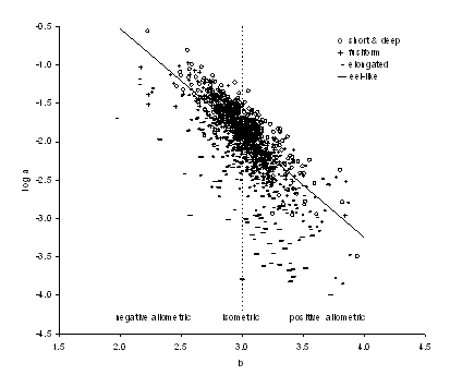  Scatter plot of mean log 10 <em>a </em> (cm; TL) over mean <em>b </em> for 1,232 fish species with body shape information